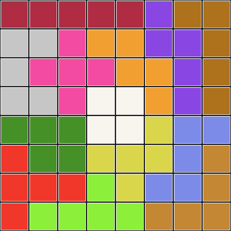 Multicolored polyomino tiling on an 8 by 8 board with a central uncovered square